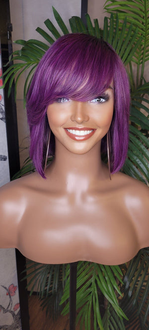 Purple Hair Wig Bob Brazilian Remy Human Hair Remy Short Hair Bob Style Swoop Bang Wig Full Cap Wig