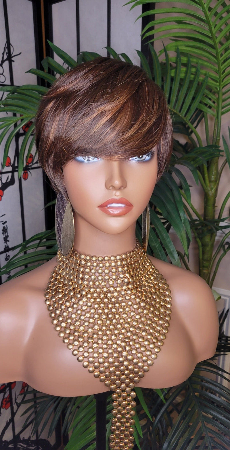 Brown Auburn Colored Hair Pixie Cut Swoop Bang Short Style Layered Hair Wig - Beauty Blessings LLC