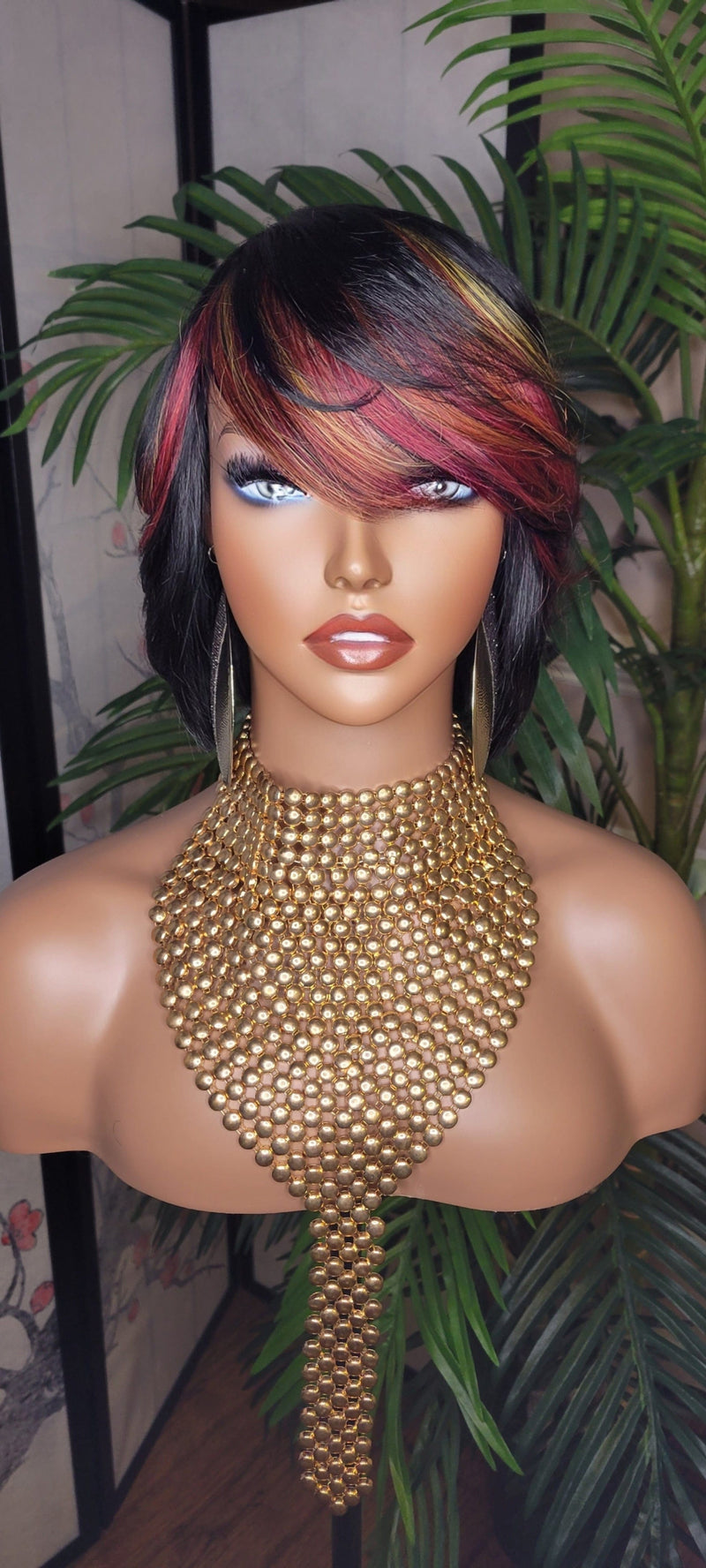 Short Bob Human Hair Remy Short Cut Hair Bob Hairstyle Swoop Bang Colored Hair Wig Ombre Burgundy Orange Gold - Beauty Blessings LLC
