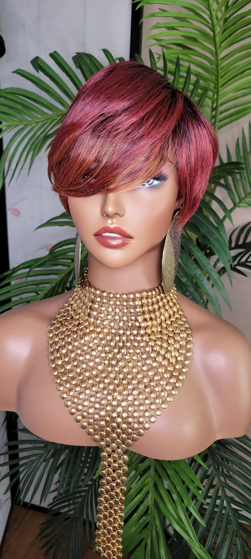 Short Wig Pixie Cut Style with Swoop Bangs Wigs for Women Soft Burgundy Auburn Copper Ombre Hair Color - Beauty Blessings LLC
