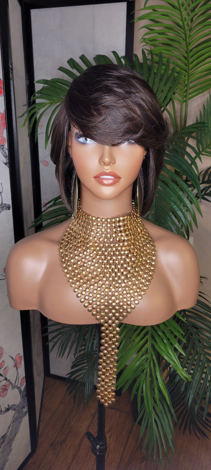 Dark Brown Short Bob Hairstyle 100% Human Hair Brazilian Remy Short Cut Hair Swoop Bang Layered Hair Full Cap Wig - Beauty Blessings LLC