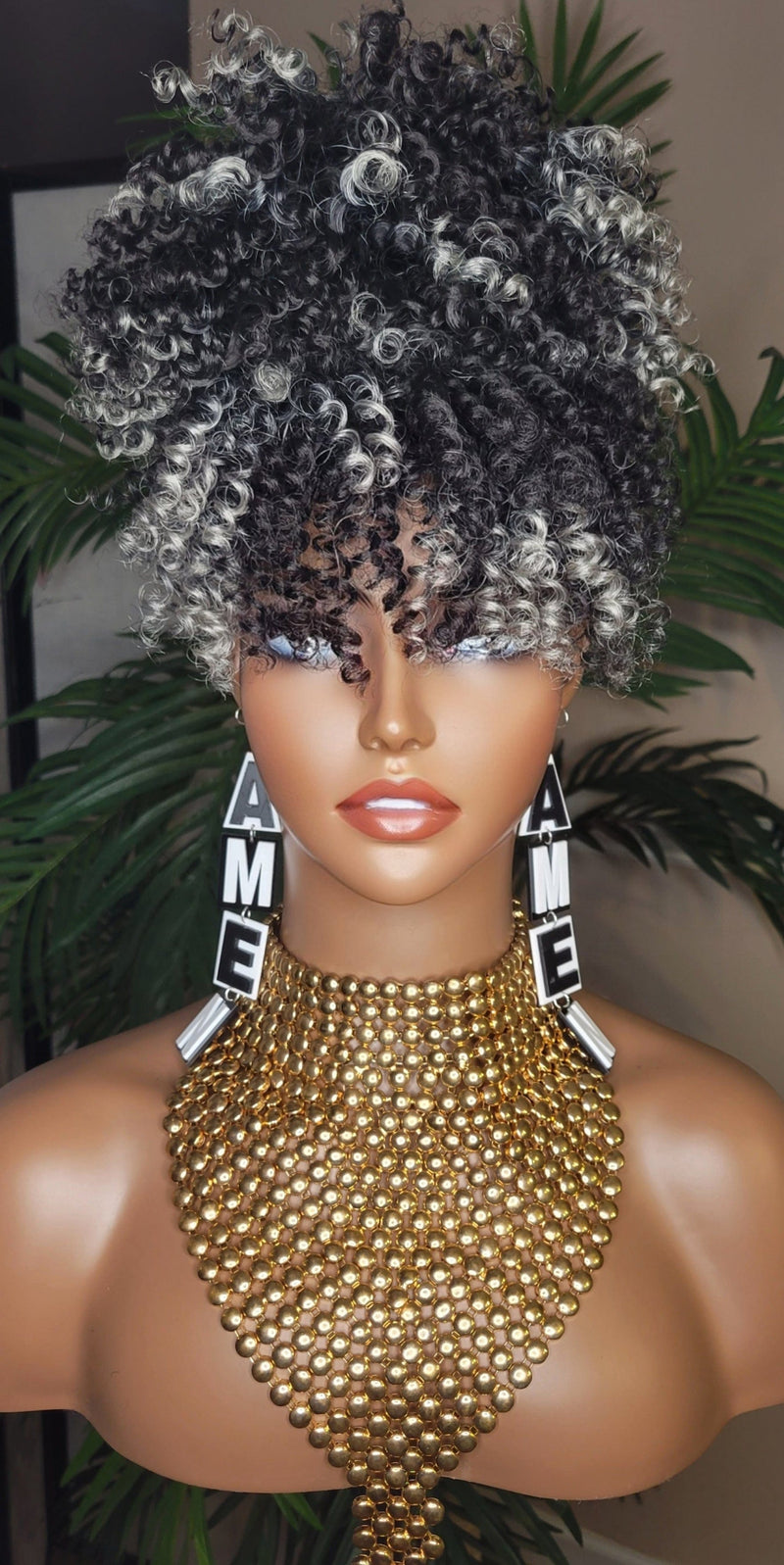 Hair Ponytail Afro Kinky Straw Curls Bangs Ponytail Afro Hair Bun and Bang Ombre Gray Hair Color Ponytail 2pc Hair Peice - Beauty Blessings LLC