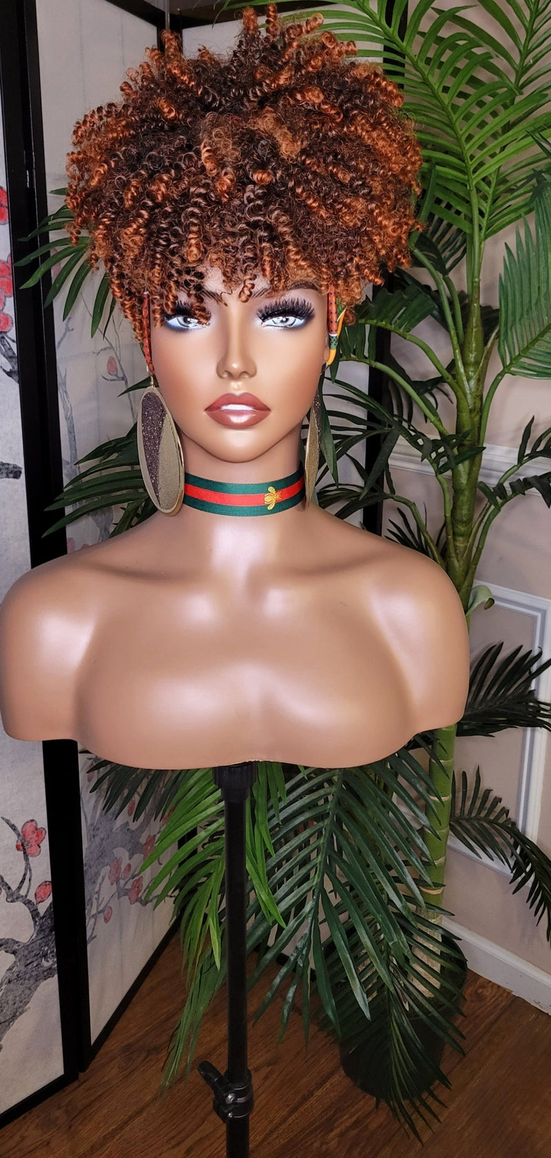 Turban Hair Wig Afro Kinky Puff Bangs Wig Auburn Afro Curly Corkscrew Hair Wrap Wig African Print Head Wrap Wig Afro Puff Hair Bang Wig - Beauty Blessings LLC