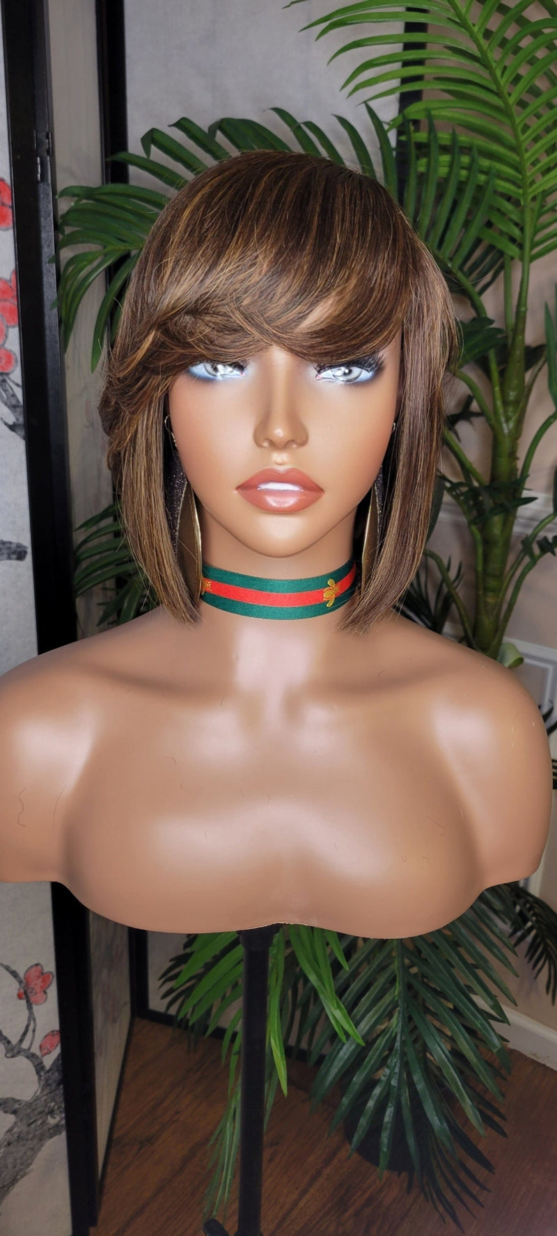 Brown Auburn Bob Hairstyle Brazilian Remy Human Hair Remy Short Hair Swoop Bang Wig Auburn Highlights Full Cap Wig - Beauty Blessings LLC