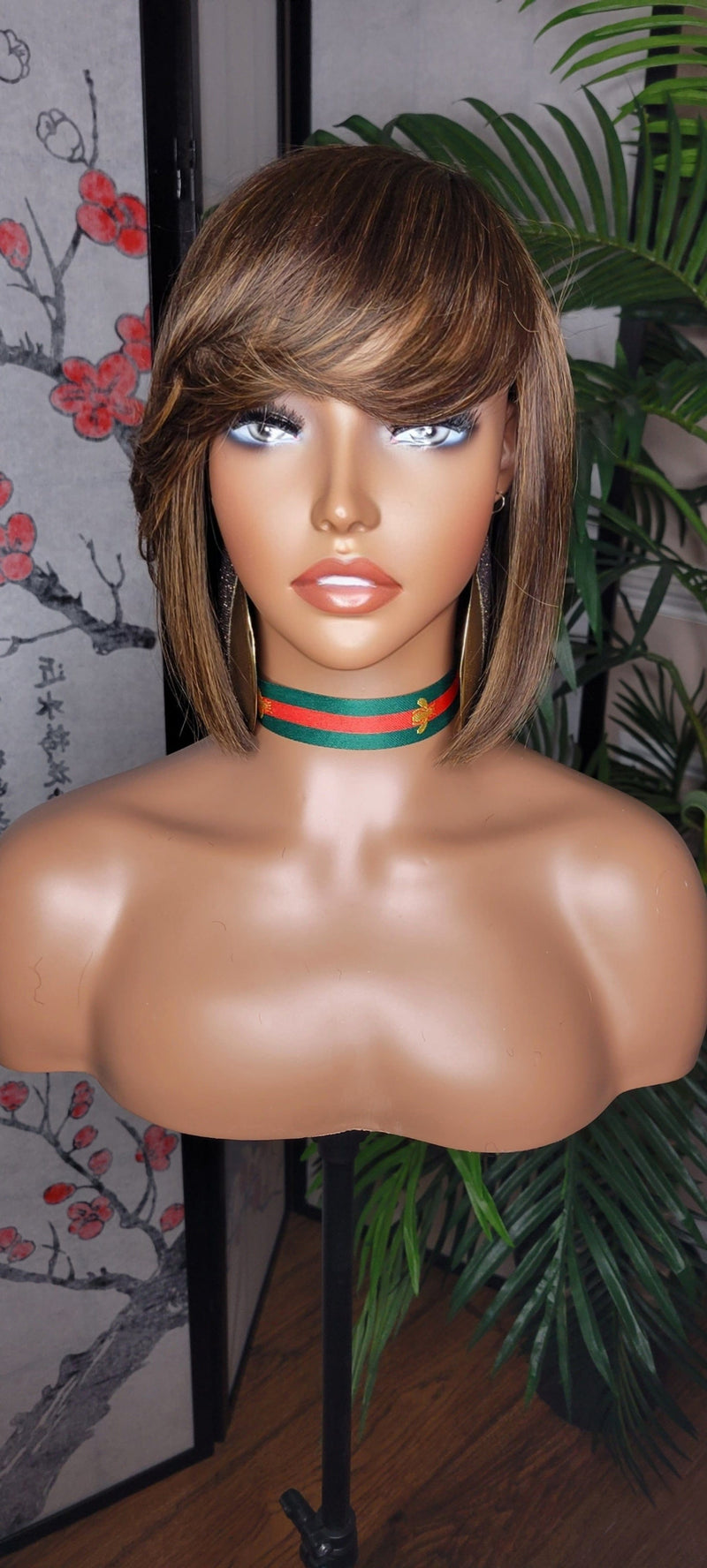 Brown Auburn Bob Hairstyle Brazilian Remy Human Hair Remy Short Hair Swoop Bang Wig Auburn Highlights Full Cap Wig - Beauty Blessings LLC