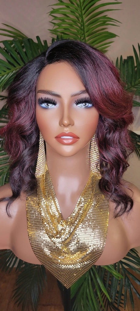 WIG Burgundy Hair Wig Bob Style Loose Wave Lace Wig Preplucked Lace Wig Swoop Bang Hair Ombre Burgundy Dark Wine Plum Color Wig