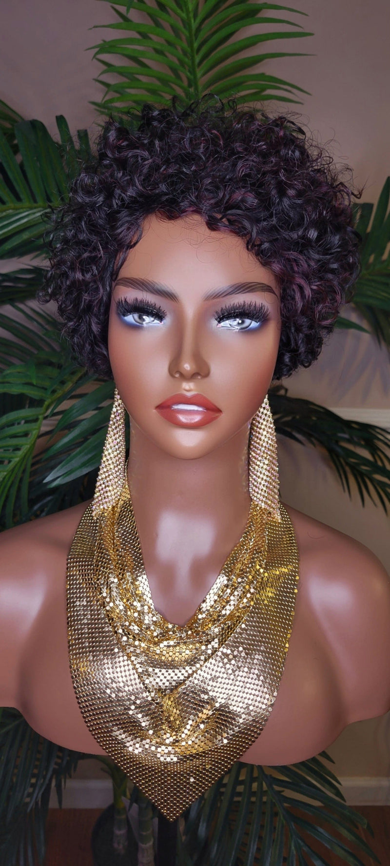 Burgundy Streaks Brazilian Remy Human Hair Pixie Cut Curl Hair Wig Soft Short Cut Curly Water Wave Natural Hairstyle Wig 100% Human Hair Wig - Beauty Blessings LLC