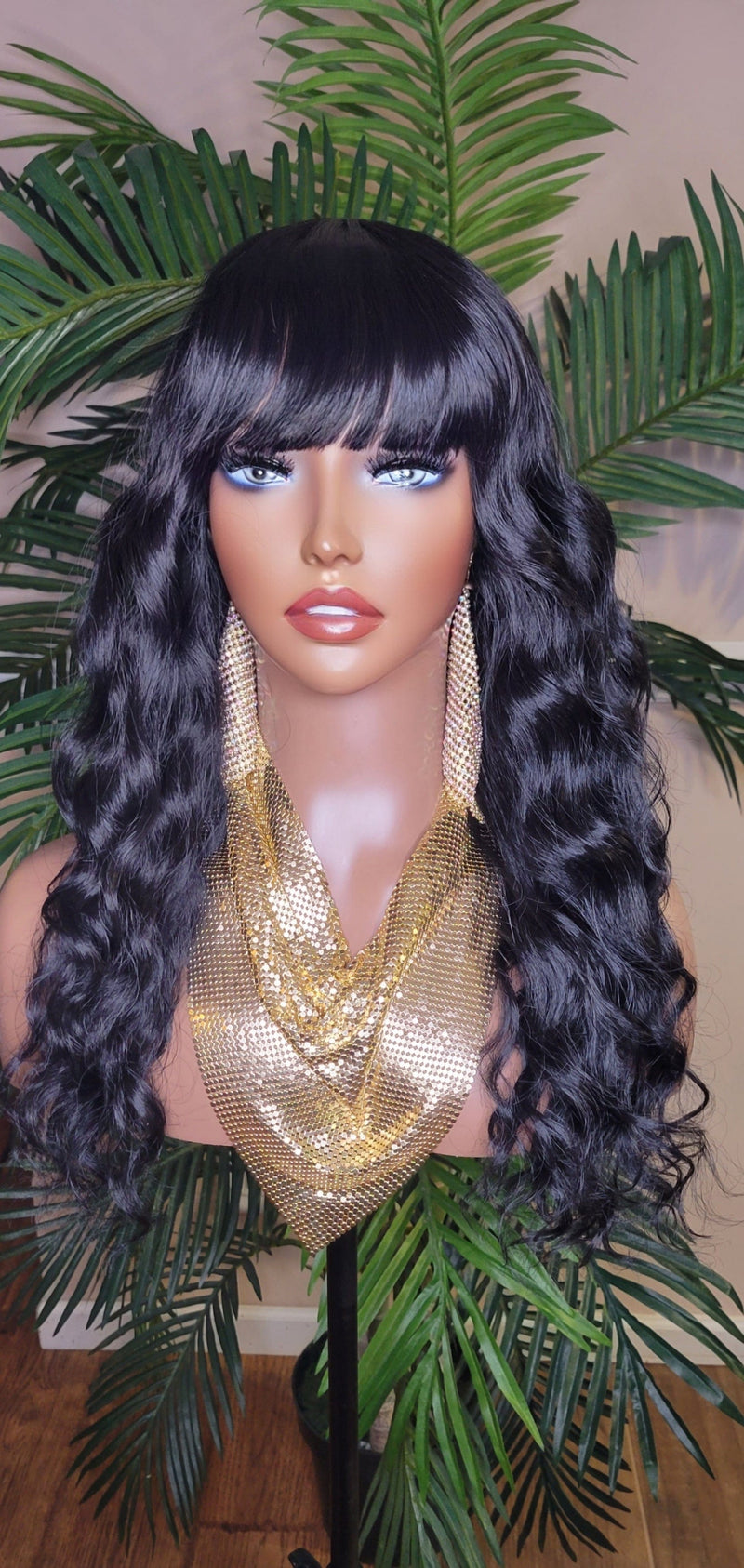 Natural Deep Wave Hair Full Wig with Bangs Wavy Straight Bang Hairstyle Glueless Wig - Beauty Blessings LLC