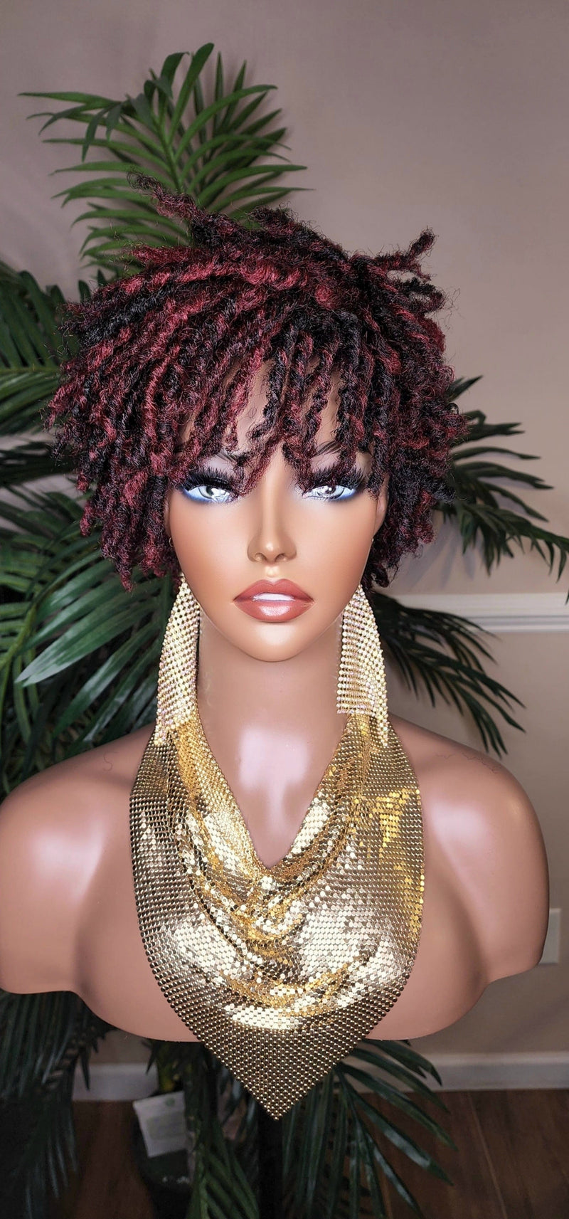 Burgundy Hair Afro Short Pixie Cut Kinky Coily Twist Coil Dread Lock Natural Style Wig Burgundy Rum Black Mix Color Hairstyle Wig - Beauty Blessings LLC
