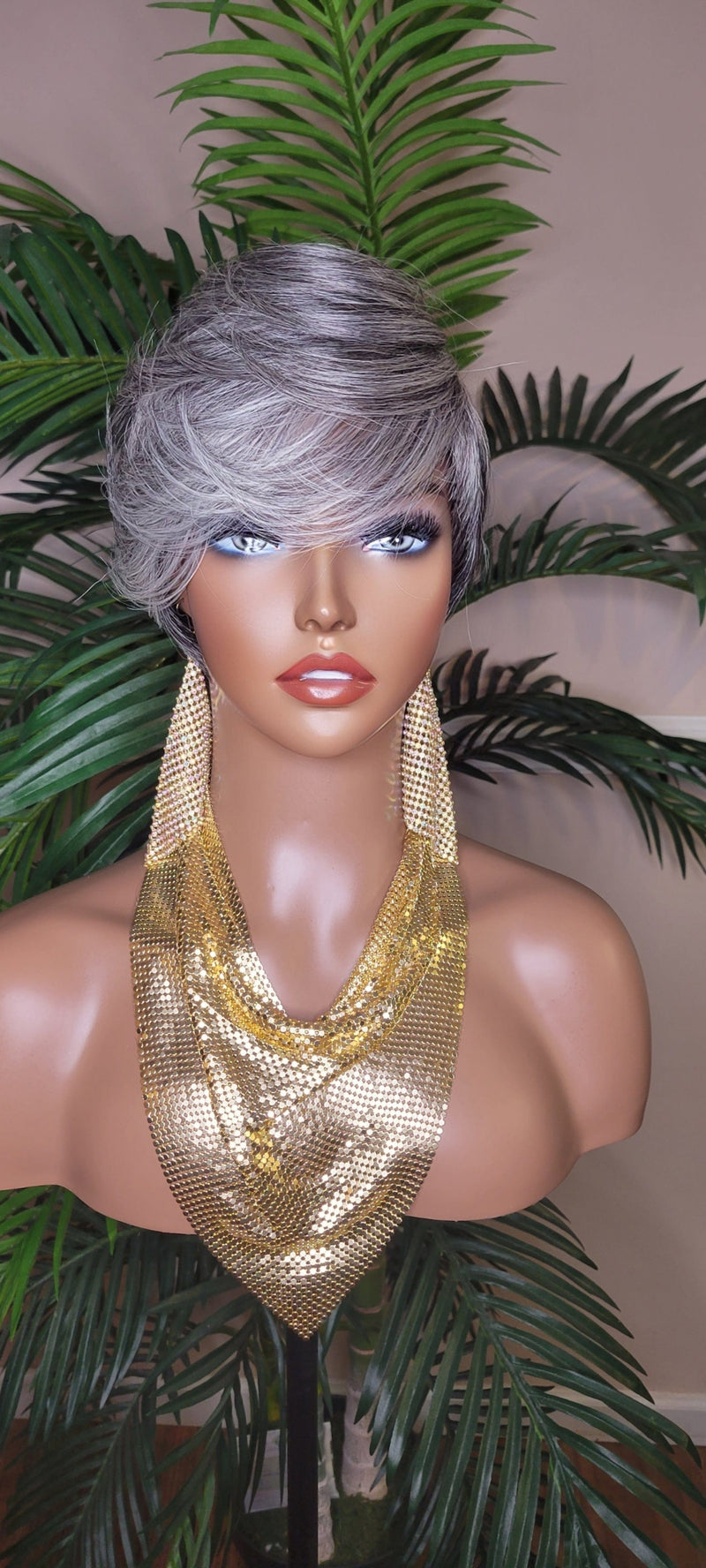 Gray Hair Wig Pixie Cut Swoop Bang Short Cut Hairstyle Gray Black Mix Colored Hair - Beauty Blessings LLC