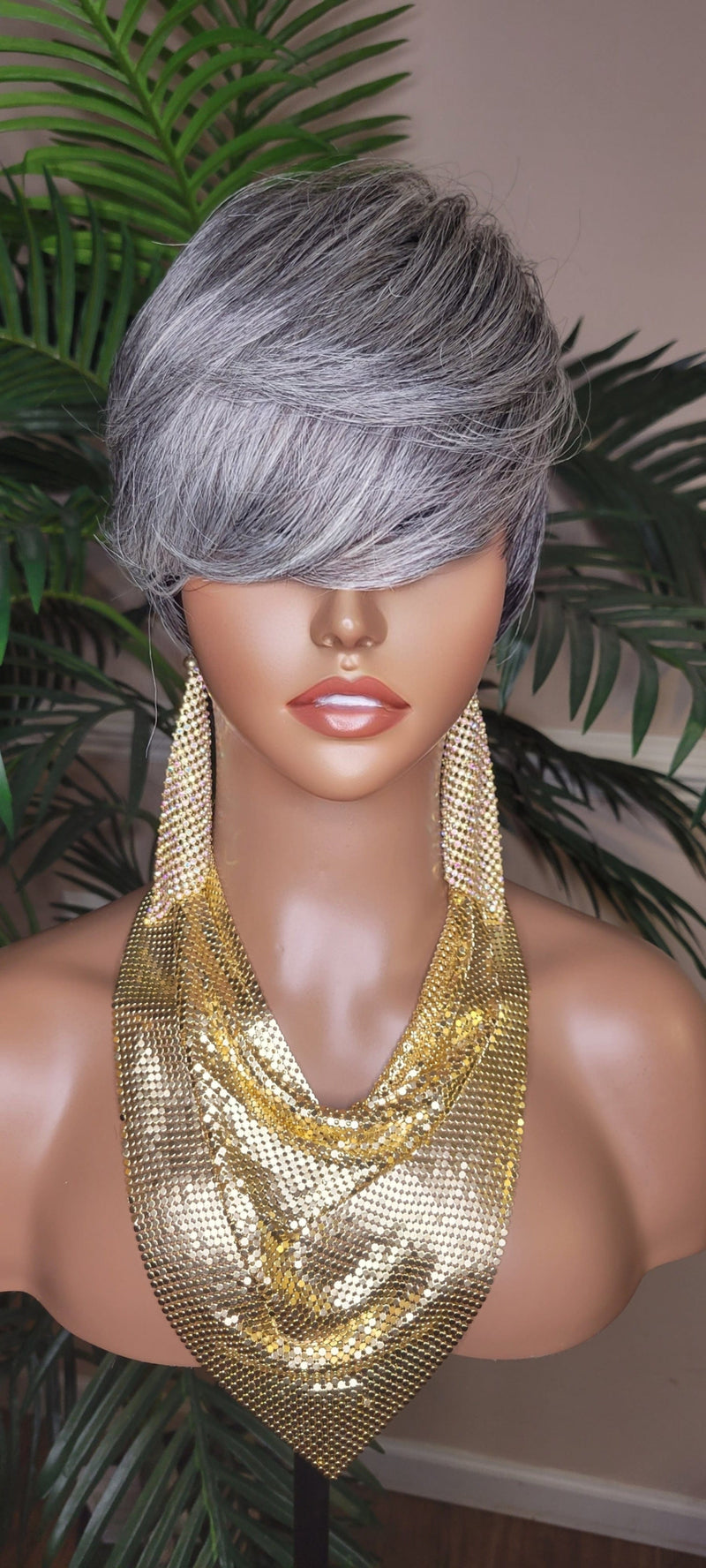 Gray Hair Wig Pixie Cut Swoop Bang Short Cut Hairstyle Gray Black Mix Colored Hair - Beauty Blessings LLC