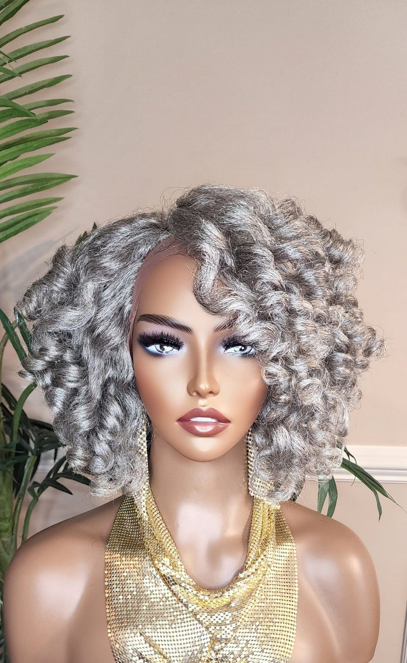 Gray Hair Wig Short Bob Hairstyle Afro Curl Hair Voluminous Kinky Hair Lace Front Wig Wand Curly Natural Yaki Texture Bob Wig Baby Hairs - Beauty Blessings LLC