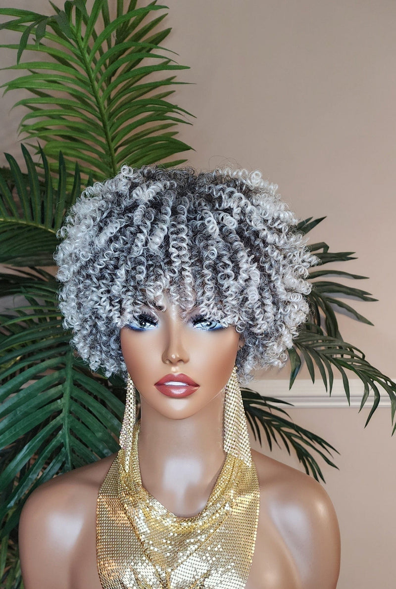 White Gray Hair Wig Coil Kinky Twist Spiral Curl Pixie Short Afro Natural Hairstyle Wig Ombre Black Gray Salt Pepper Human Hair Blend Wig  - Beauty Blessings LLC