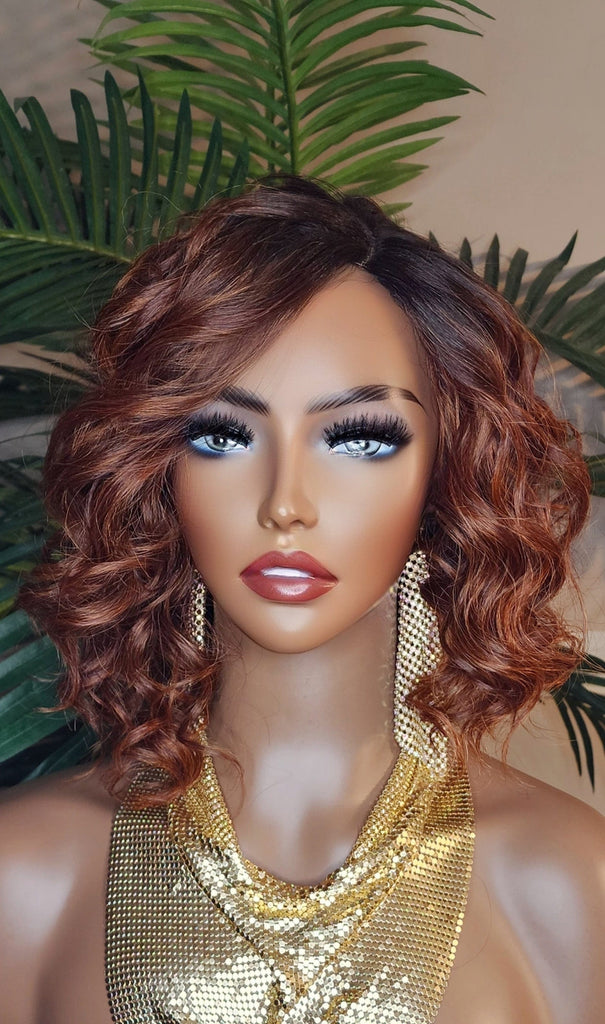 Red Auburn Hair Wig Curly Bob Hairstyle Loose Curl Preplucked Glueless Lace Wig Swoop Bang Ombre Reddish Brown Hair