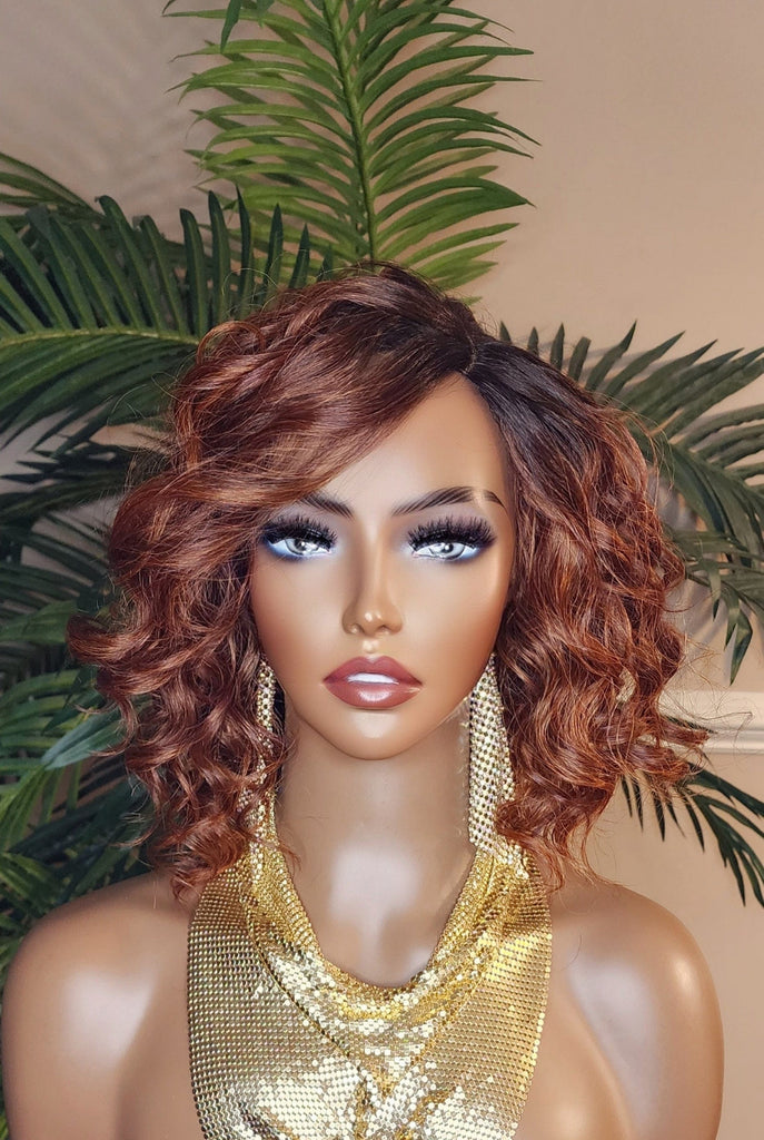 Red Auburn Hair Wig Curly Bob Hairstyle Loose Curl Preplucked Glueless Lace Wig Swoop Bang Ombre Reddish Brown Hair
