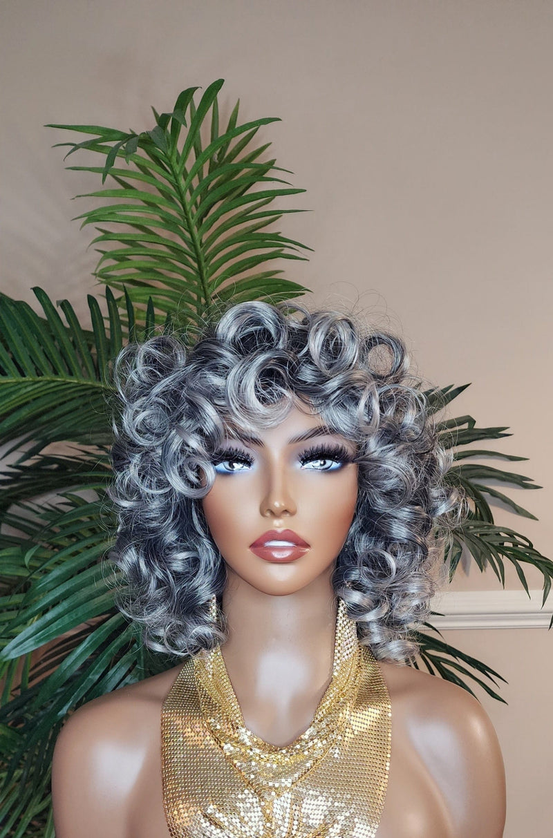 Salt Pepper Gray Hair Big Curl Wig Gray Curly Hair Women Fashion Wig Natural Hair Wig - Beauty Blessings LLC