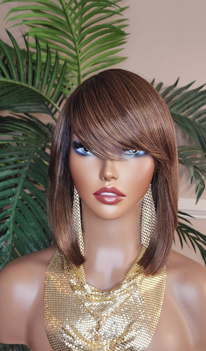 Auburn Hair Chocolate Brown Hair Wig Pixie Cut Bob Hairstyle Swoop Bang Glueless Full Cap Wig Ombre Auburn Brown Wig - Beauty Blessings LLC