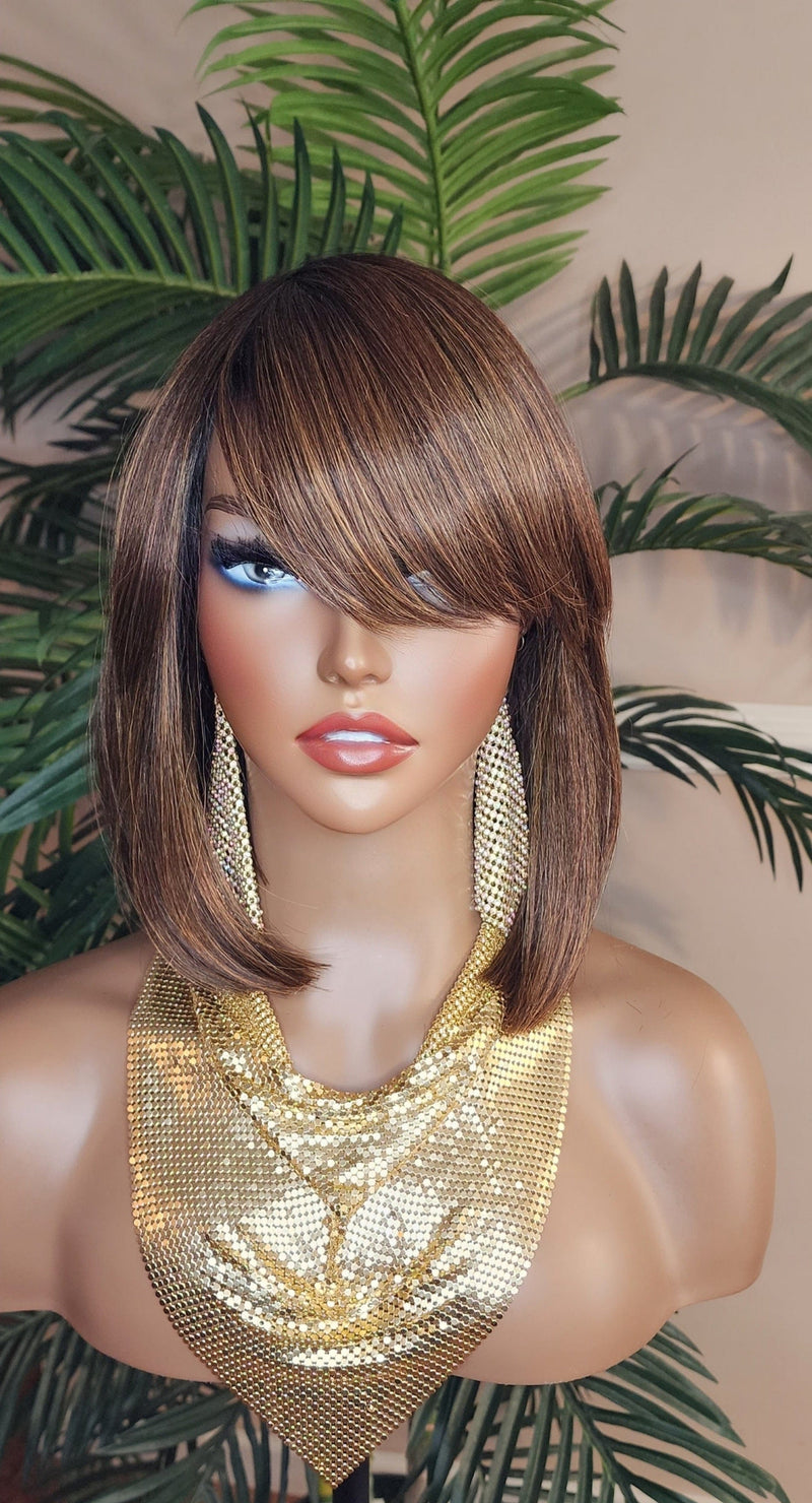 Auburn Hair Chocolate Brown Hair Wig Pixie Cut Bob Hairstyle Swoop Bang Glueless Full Cap Wig Ombre Auburn Brown Wig - Beauty Blessings LLC