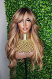 Honey Blonde Mix Hair Wig Loose Curl Long Hair Swoop Bang Hair Layered Curls Full Cap Wig Fashion Hairstyle Glueless Wig