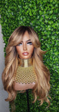 Honey Blonde Mix Hair Wig Loose Curl Long Hair Swoop Bang Hair Layered Curls Full Cap Wig Fashion Hairstyle Glueless Wig