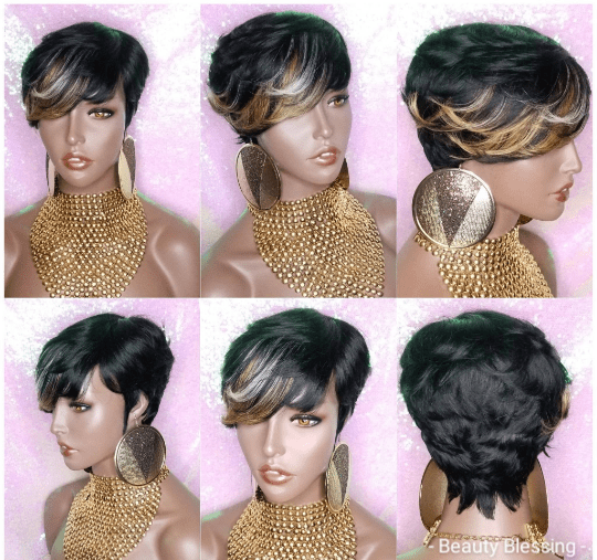 Pixie Cut Brazilian Remy 100% Human Hair Wig Swoop Bangs Wigs - Beauty Blessings LLC