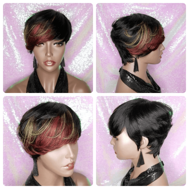 Pixie Cut Brazilian Remy 100% Human Hair Wig Swoop Bangs Wigs - Beauty Blessings LLC