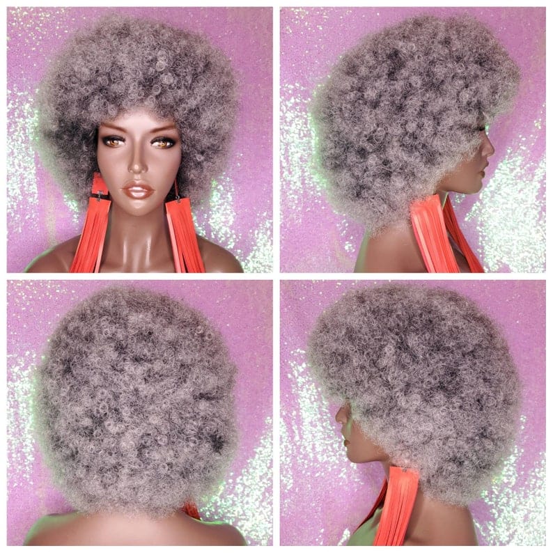 Big Afro Kinky Coil Realistic Natural Hair Afro Full Cap Wig Fluffy Jumbo Afro Hair Wig Afro Salt Pepper Gray Gray Hair Wig - Beauty Blessings LLC