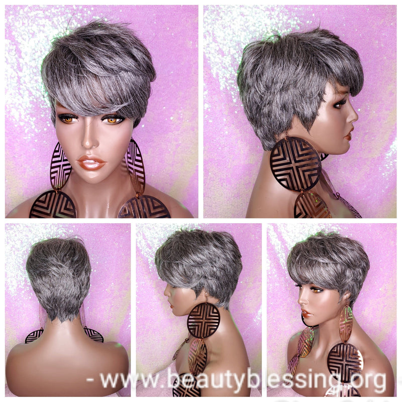 Wig Pixie Cut Razor Choppy Cut Human Hair Blend Wig Salt Pepper Grey Hair Wig - Beauty Blessing Wigs & Hair Extensions Boutique