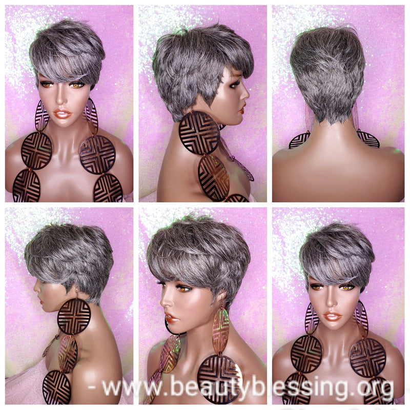 Wig Pixie Cut Razor Choppy Cut Human Hair Blend Wig Salt Pepper Grey Hair Wig - Beauty Blessing Wigs & Hair Extensions Boutique