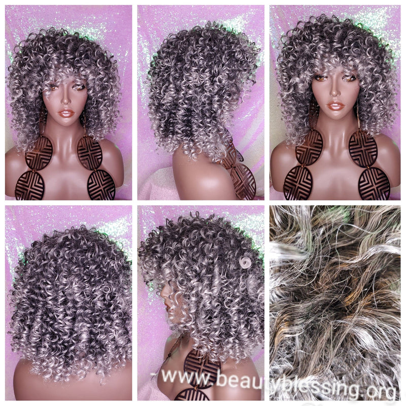 Curly Kinky Afro Spiral Curl Wig Big Gray Hair Premium Fiber Wig - Beauty Blessing Wigs & Hair Extensions Boutique