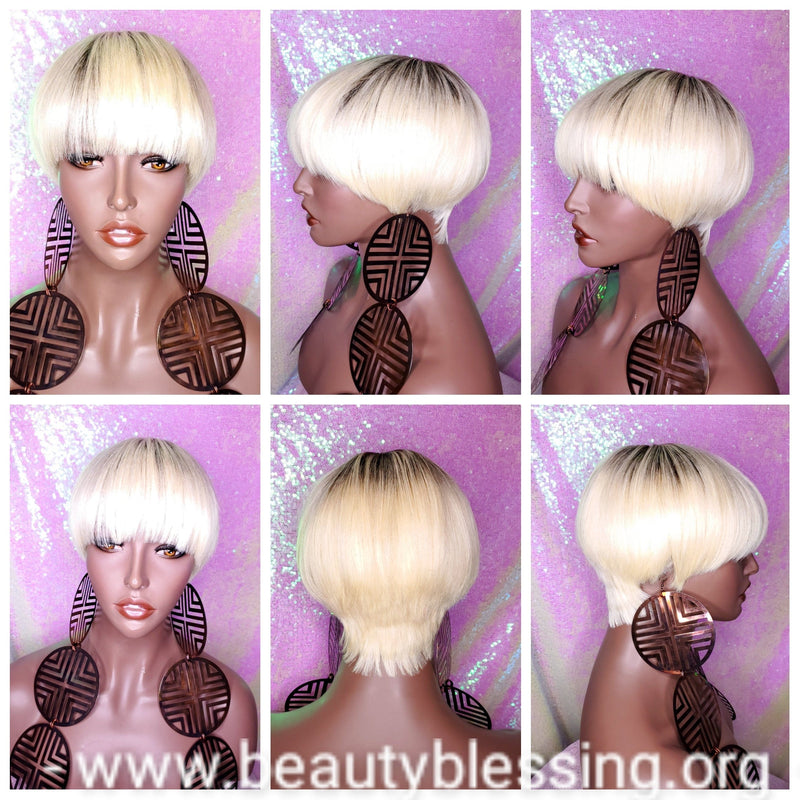Pixie Cut Bowl Cut Wig Celebrity Inspired Hairstyle 100% Remy Human Hair Blonde Hair Wig - Beauty Blessing Wigs & Hair Extensions Boutique
