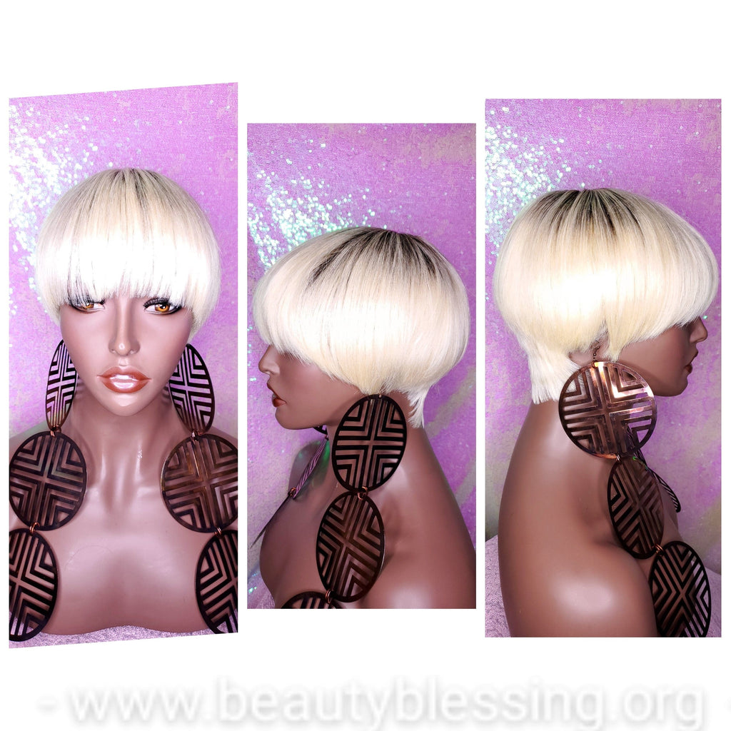 Pixie Cut Bowl Cut Wig Celebrity Inspired Hairstyle 100% Remy Human Hair Blonde Hair Wig - Beauty Blessing Wigs & Hair Extensions Boutique