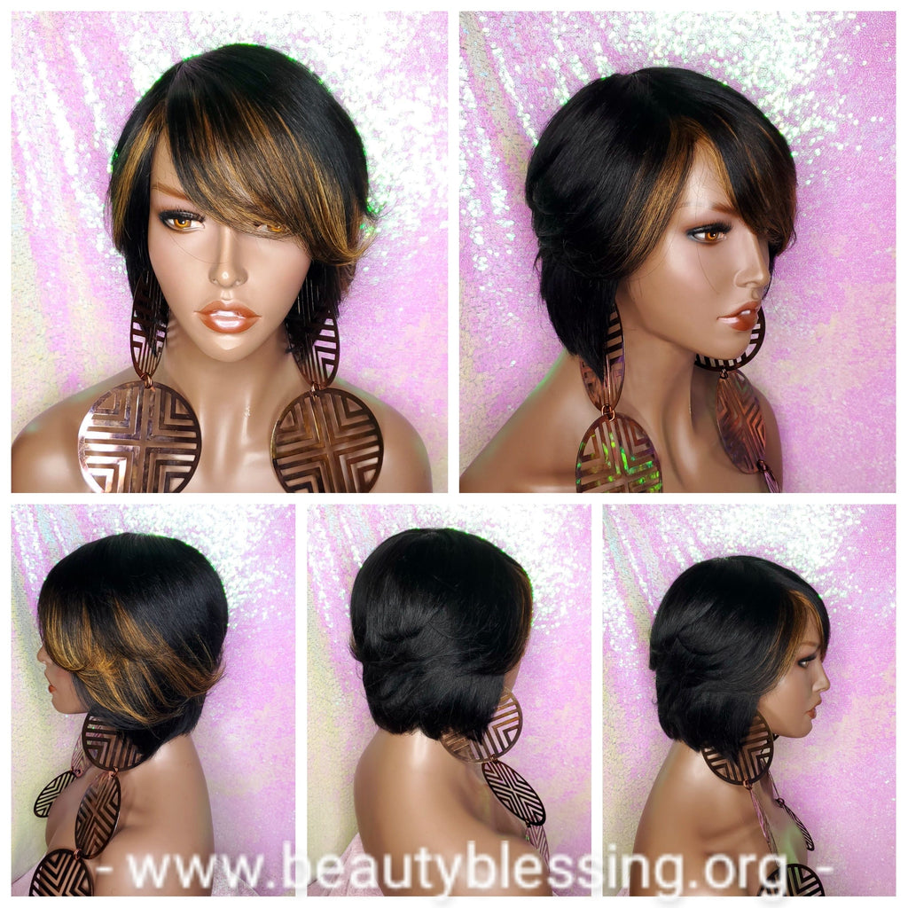 Short Bob Remy Human Hair Bob Style Wig Auburn Streak Bangs - Beauty Blessing Wigs & Hair Extensions Boutique