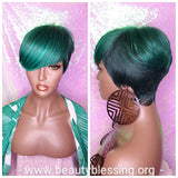 Ombre Green Mix Short Wig  Pixie Cut Style with Swoop Bangs Wig Premium Fiber Hair - Beauty Blessing Wigs & Hair Extensions Boutique