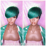 Ombre Green Mix Short Wig  Pixie Cut Style with Swoop Bangs Wig Premium Fiber Hair