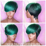 Ombre Green Mix Short Wig  Pixie Cut Style with Swoop Bangs Wig Premium Fiber Hair - Beauty Blessing Wigs & Hair Extensions Boutique