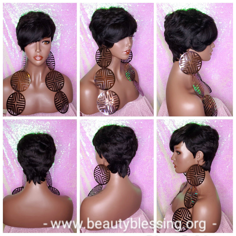 Peruvian Remy 100% Human Hair Short Pixie Razor Cut Swoop Bang Black Brown Gray Color Hair Wig - Beauty Blessing Wigs & Hair Extensions Boutique