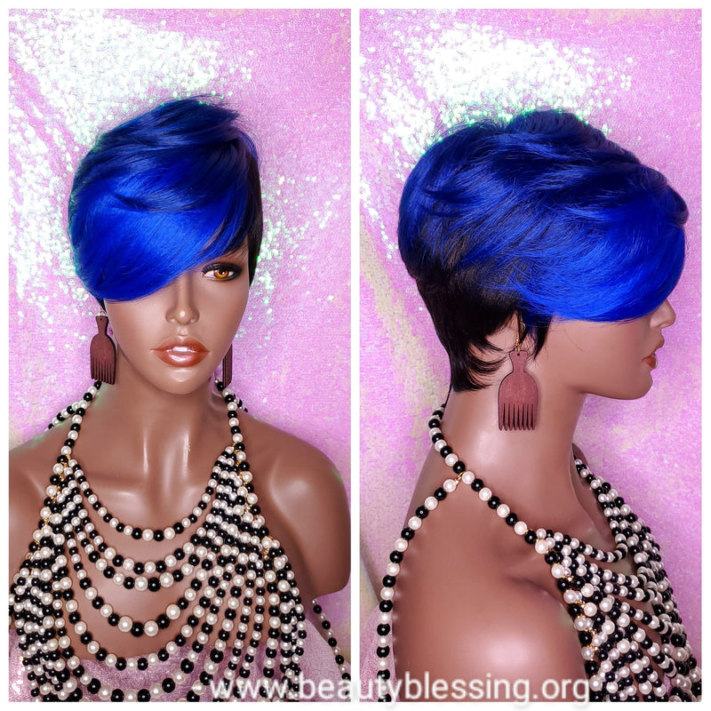 Swoop Bang Pixie Cut Royal Blue Hair Premium Fiber Wig - Beauty Blessing Wigs & Hair Extensions Boutique