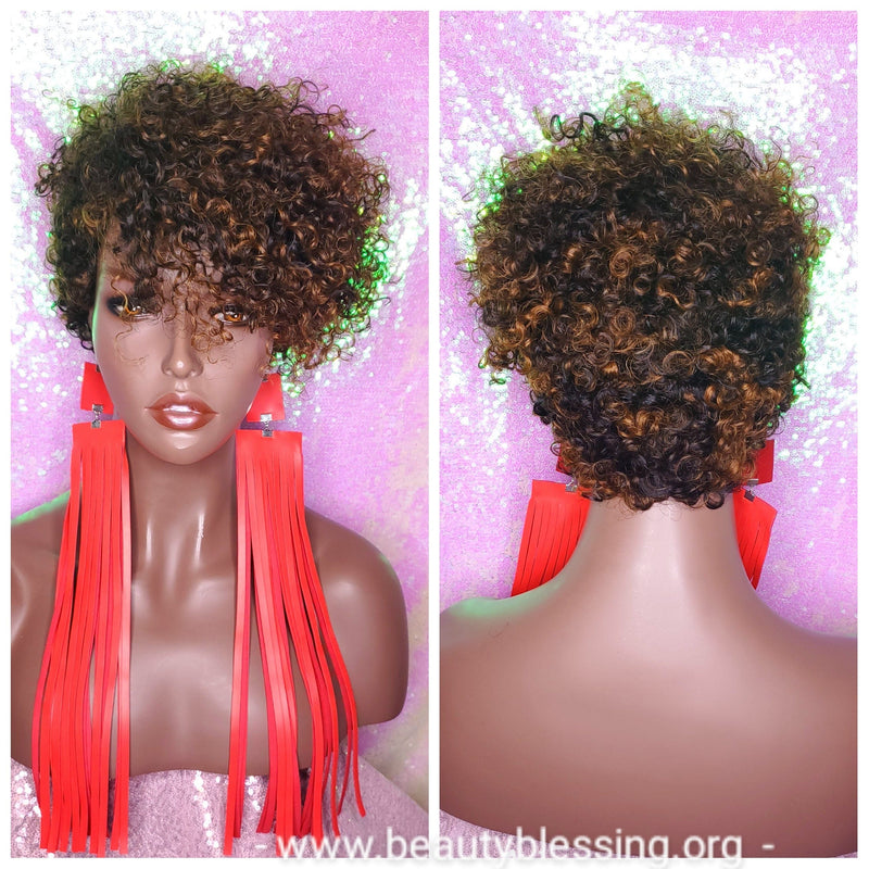 Razor Pixie Cut Corkscrew Bohemian Peruvian Remy 100% Human Hair Wig Black Auburn Color Hair Wig - Beauty Blessing Wigs & Hair Extensions Boutique