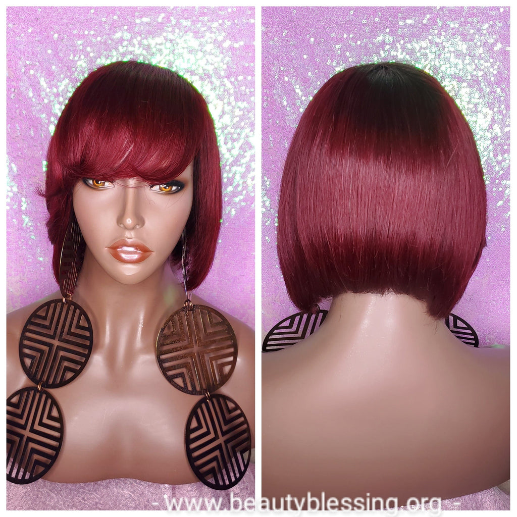 Short Cut Bob Indian Remy 100% Human Hair Wig Swoop Bang Wig Burgundy Hair Bob Wig - Beauty Blessing Wigs & Hair Extensions Boutique