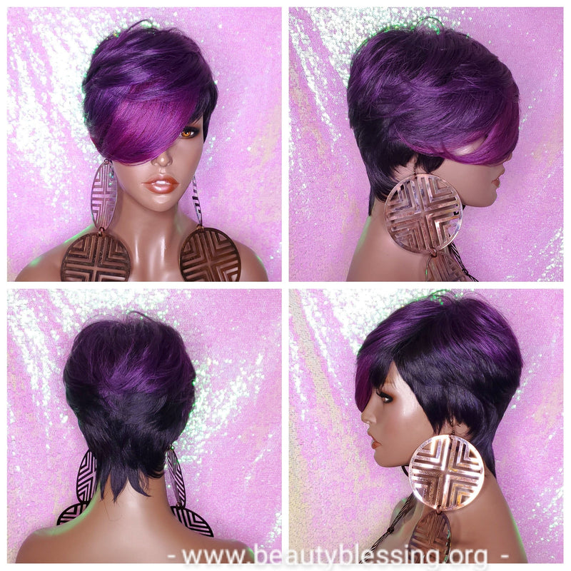 Purple Ombre Pixie Cut Wig with Swoop Bangs Purple Hair Wig Premium Fiber Purple Pixie Cut Hair Wig - Beauty Blessing Wigs & Hair Extensions Boutique