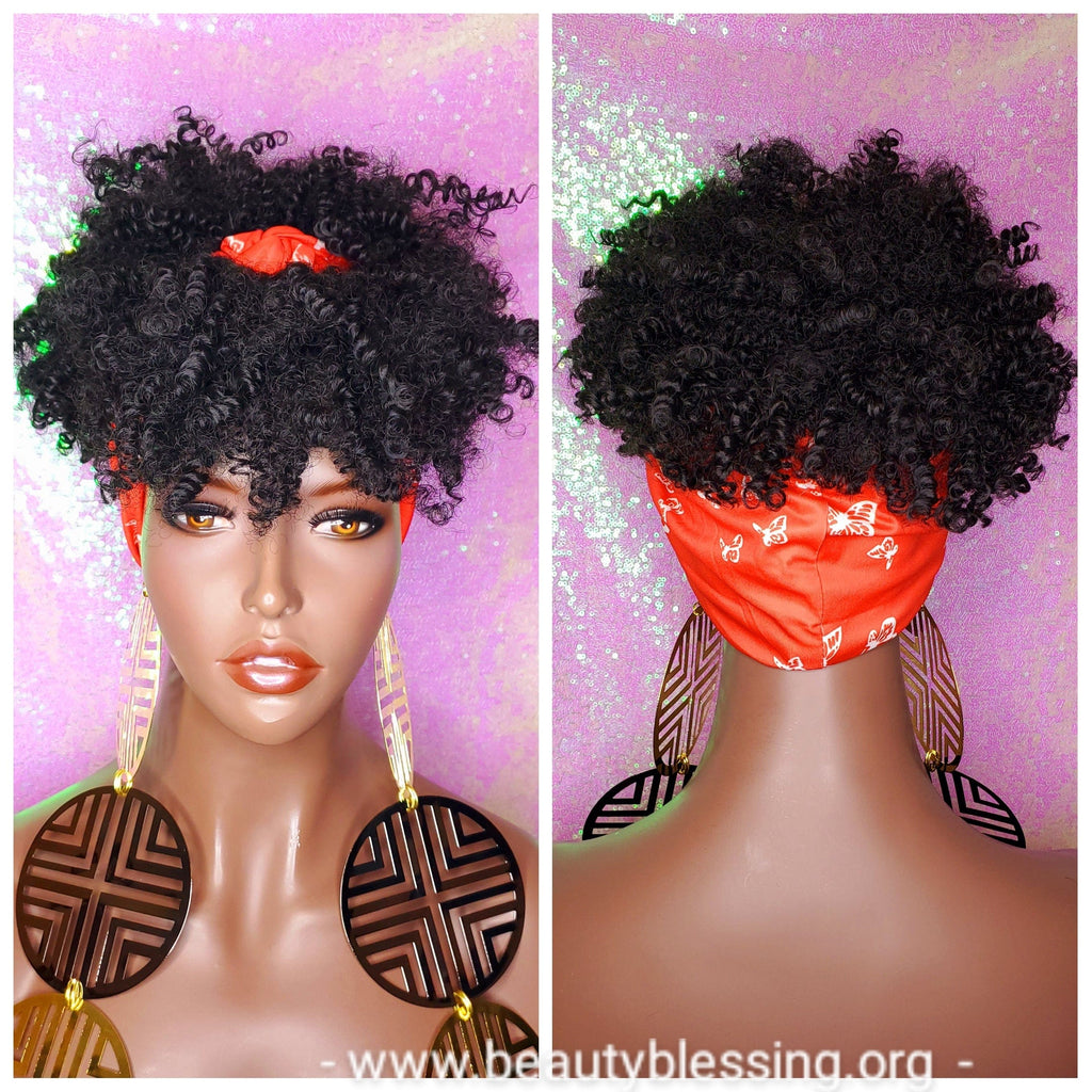 Headband Wig Afro Kinky Puff Bangs Wig Afro Curly Hair Wrap Wig Afro Bang Pre-tied Turban Wig - Beauty Blessing Wigs & Hair Extensions Boutique