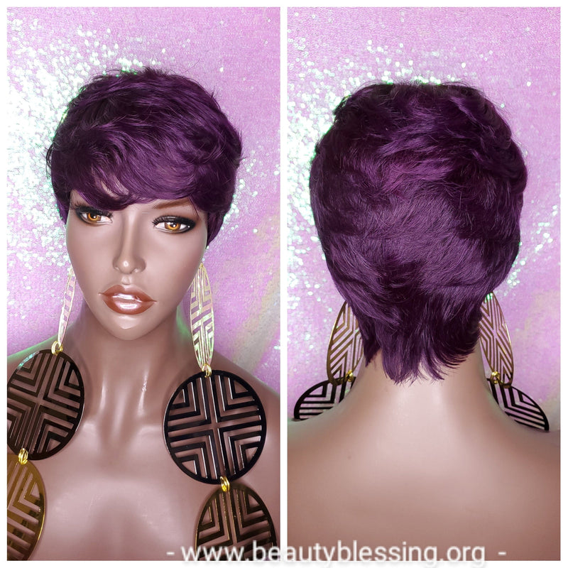 Purple Razor Cut Pixie Cut Peruvian Remy Human Hair Wig Ombre Purple Wig - Beauty Blessing Wigs & Hair Extensions Boutique