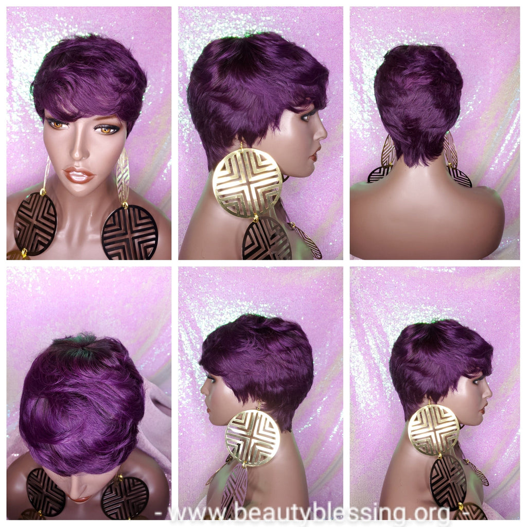 Purple Razor Cut Pixie Cut Peruvian Remy Human Hair Wig Ombre Purple Wig - Beauty Blessing Wigs & Hair Extensions Boutique