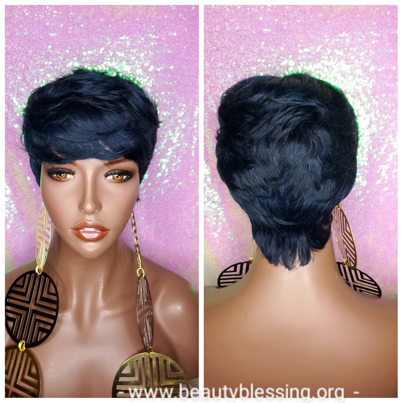 Pixie Cut Peruvian Remy Human Hair Wig Midnight Blue Hair Wig - Beauty Blessing Wigs & Hair Extensions Boutique