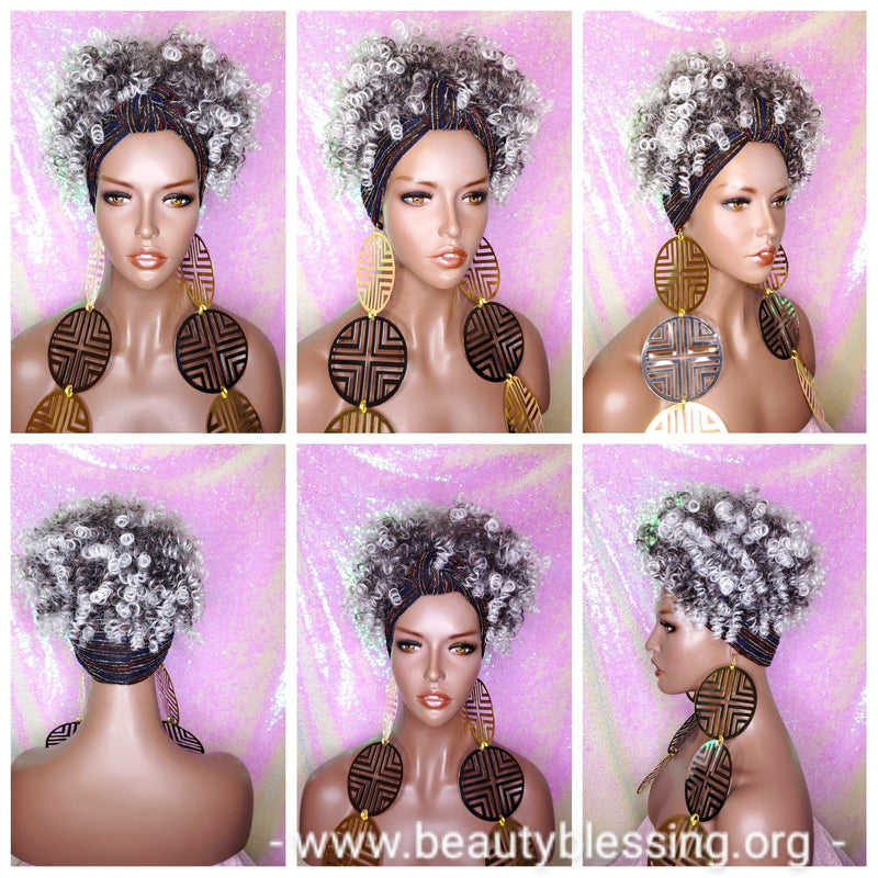 Salt & Pepper Wig Turban Wig Afro Kinky Puff Wig Spiral Curl Hair Wrap Wig Afro Pre-tied Bow Black Sequin Turban Wig Afro Puff Hair Wrap Wig - Beauty Blessing Wigs & Hair Extensions Boutique