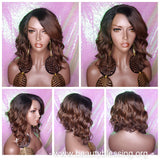 Loose Wave Bob Ombre Brown Auburn Human Hair Blend Wig Preplucked Lace Part Wig Swoop Bang Hair - Beauty Blessing Wigs & Hair Extensions Boutique