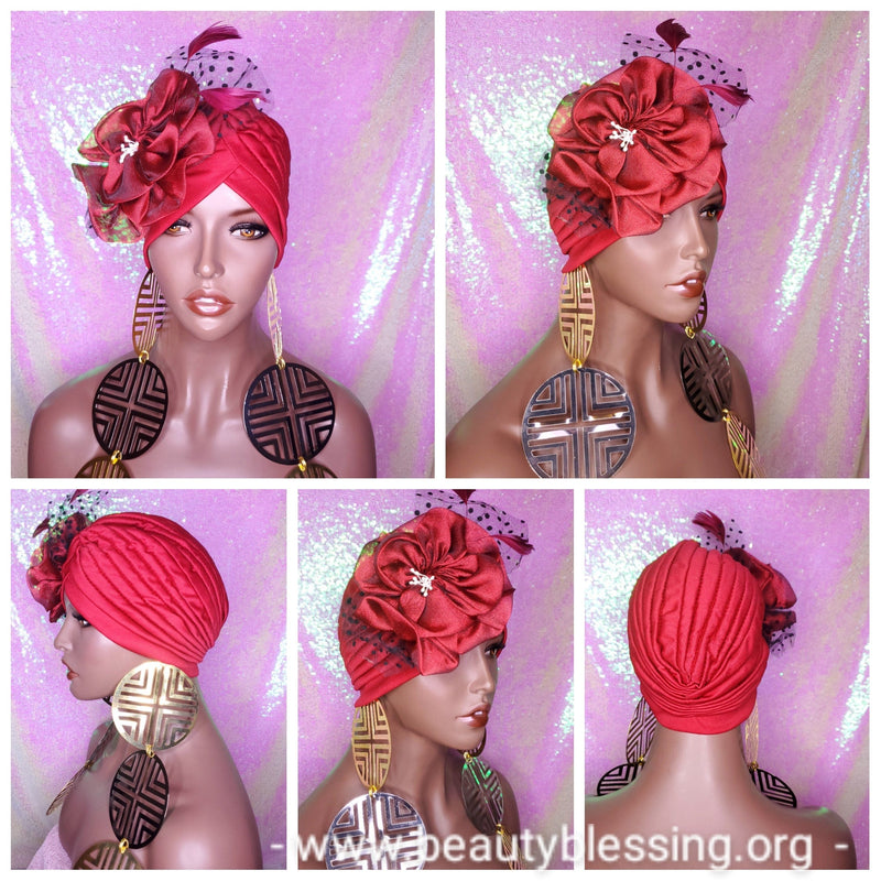 Turban Women Stretchy Burgundy Red Turban Bonnet Hat Head Wrap Hair Cap Chemotherapy Hair Scarf Flower Bow Headband Beanie Hat - Beauty Blessing Wigs & Hair Extensions Boutique