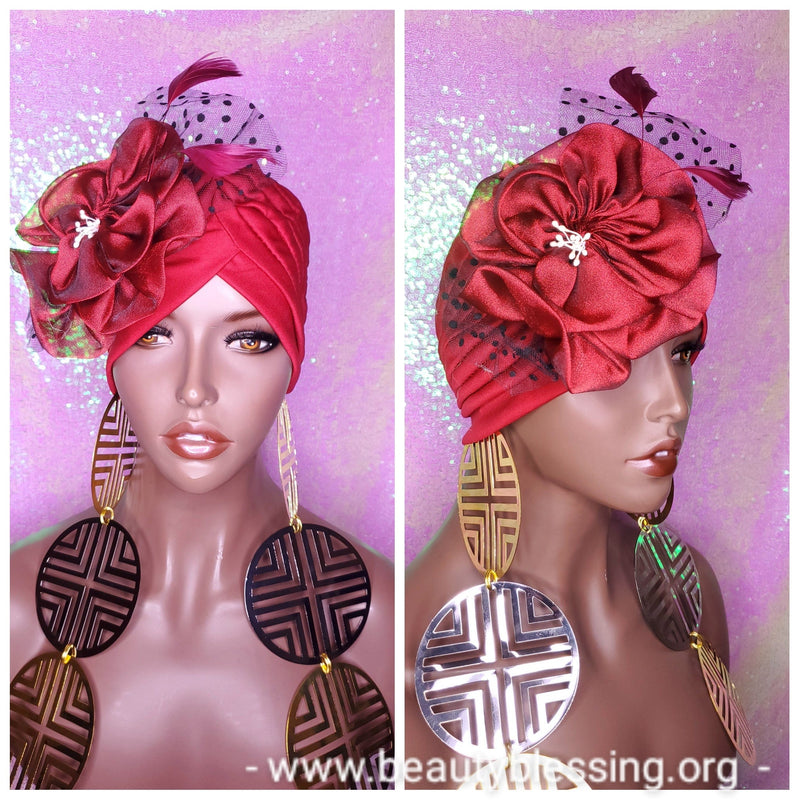 Turban Women Stretchy Burgundy Red Turban Bonnet Hat Head Wrap Hair Cap Chemotherapy Hair Scarf Flower Bow Headband Beanie Hat - Beauty Blessing Wigs & Hair Extensions Boutique