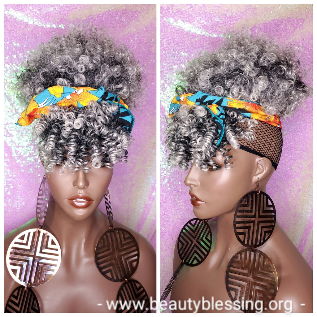 Ponytail Hair Afro Kinky Puff Bangs Ponytails Afro Curly Hair Afro Bang Gray Salt Pepper Gray Colored Afro Puff Hair Ponytail - Beauty Blessing Wigs & Hair Extensions Boutique
